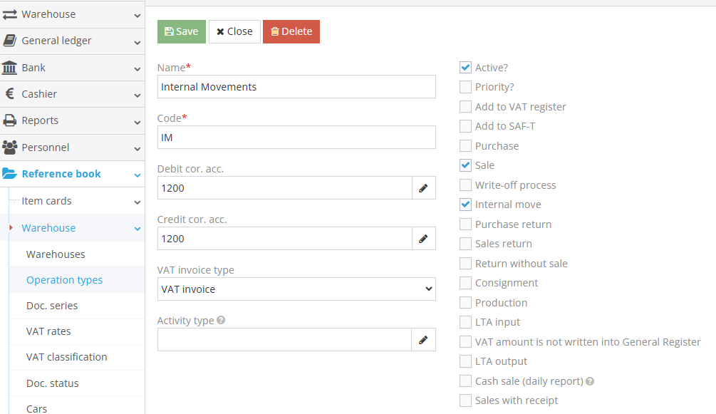 Internal transfer of goods between warehouses